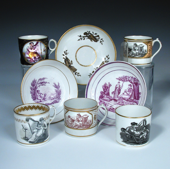 Of Musical interest, five Regency coffee cans and three saucers, to include examples by Miles Mason,