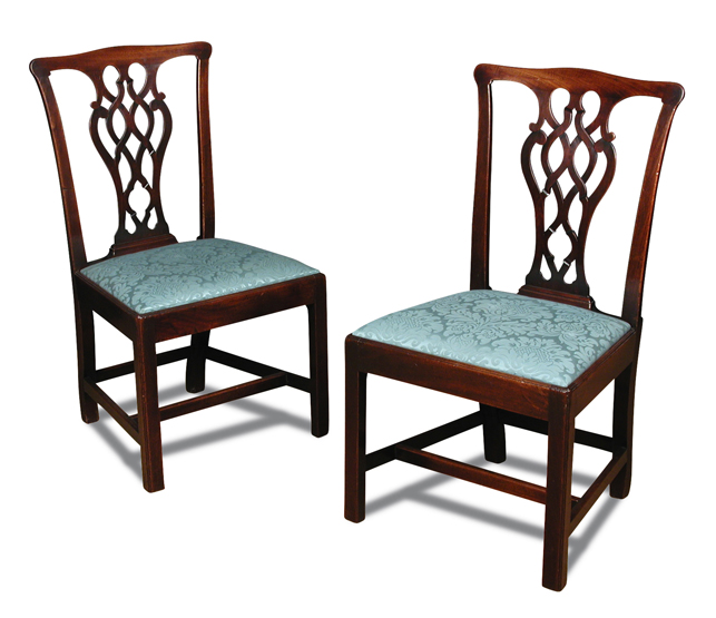 A pair of George III mahogany dining chairs, with pierced splat backs and drop in seats 94 x 53cm (