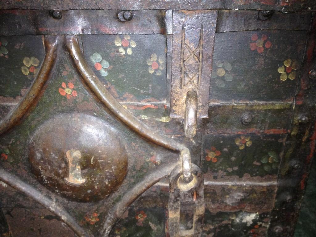 A 17th century Nuremburg iron bound 'Armada Chest', with traces of painted polychrome decoration - Image 3 of 8