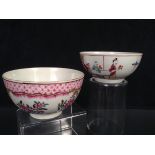 A First period Worcester bowl, painted with flowers below pink diamond diaper, together with another