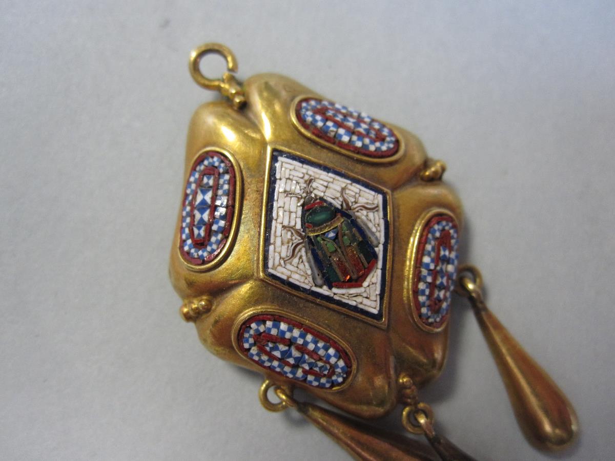 A mid 19th century Archeological revival micromosaic pendant, of diaper quatrefoil boss form with - Image 4 of 4