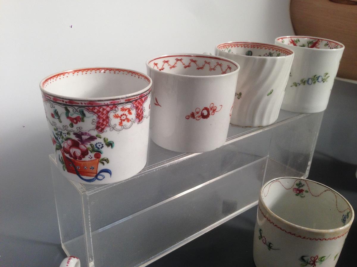 Six New Hall coffee cans, two by Keeling and two others, each painted with chinoiserie flowers, - Image 2 of 3