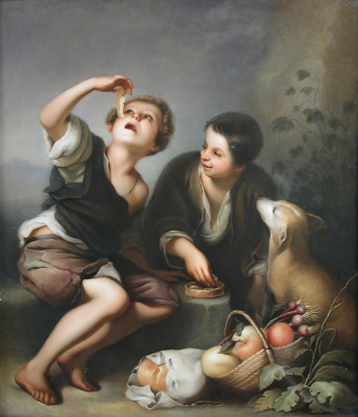 A 19th century KPM Berlin porcelain plaque, painted by Kiesewetter after Murillo's original of two - Image 4 of 4