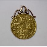 A George I gold guinea, 1715, hard soldered to a neckchain mount