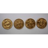 A Victorian gold sovereign, 1889, two Edward VII gold sovereigns 1904 & 1910 and an Elizabeth II