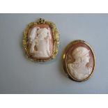 Two shell cameos depicting historical warriors, one in an 18ct gold mount, the first oval with a