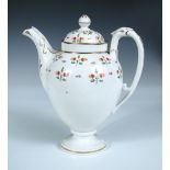 An early 19th century Pinxton style coffee pot and cover, painted with red floral sprigs on a