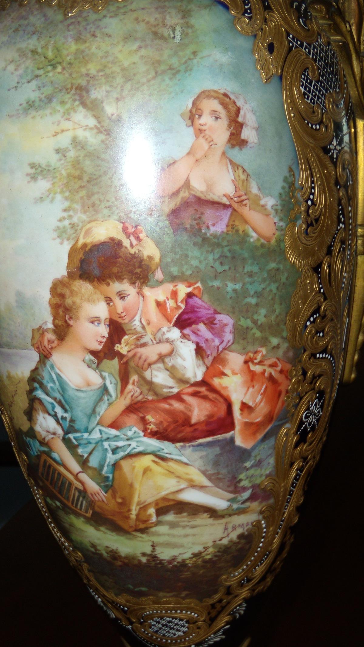 A pair of late 19th century/early 20th century Sevres porcelain vases, painted by Jean Armand with - Image 5 of 6