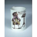 A late 18th century pearlware mug, the cylindrical sides bearing the hand coloured print of '