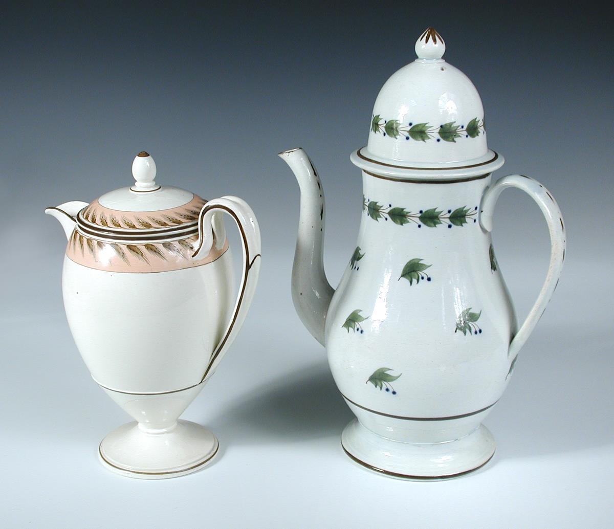 An early 19th century Wedgwood creamware coffee pot and cover together with another in pearlware, - Image 2 of 2