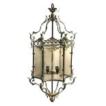 A large Continental brass framed hanging lantern, 20th century 112cm (44in)  The glass sides are