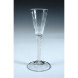 An 18th century opaque twist wine glass, the slender conical bowl on double helix stem and