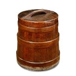 A 19th century wood bound coopered flour barrel and cover, 61cm (24in) Provenance: Oxfordshire