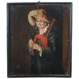 English Provincial School  (18th Century) Portrait of a man with bagpipes oil on panel 38 x 33cm (15