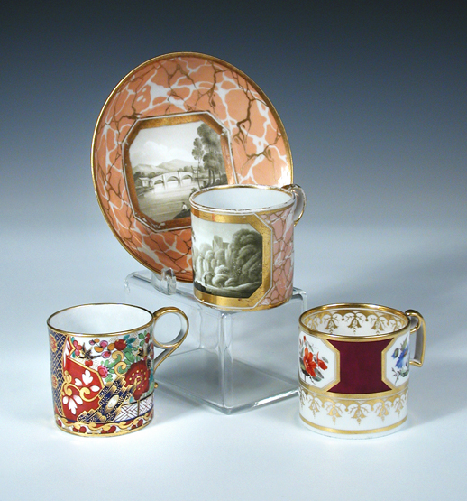 A Barr Worcester coffee can and saucer, a Barr Worcester Imari can and another, the first painted