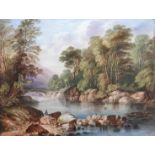 A pair of landscape plaques painted by Richard Ablott (1815-1895), one with sailing boats in a