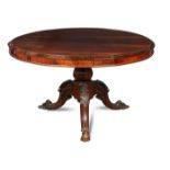 A William IV rosewood pedestal breakfast table, on scroll and foliate carved pedestal base 73 x