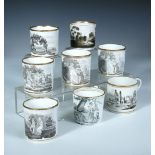 Six Regency Spode grisaille coffee cans and two others, three of the Spode cans printed with figures