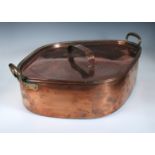 A large Victorian copper turbot kettle and cover, the lozenge shaped vassel with applied brass