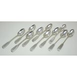 A matched set of ten Russian silver fiddle pattern teaspoons, 9 x 1908-1917, 1 x 1896-1908, 14.75cm,