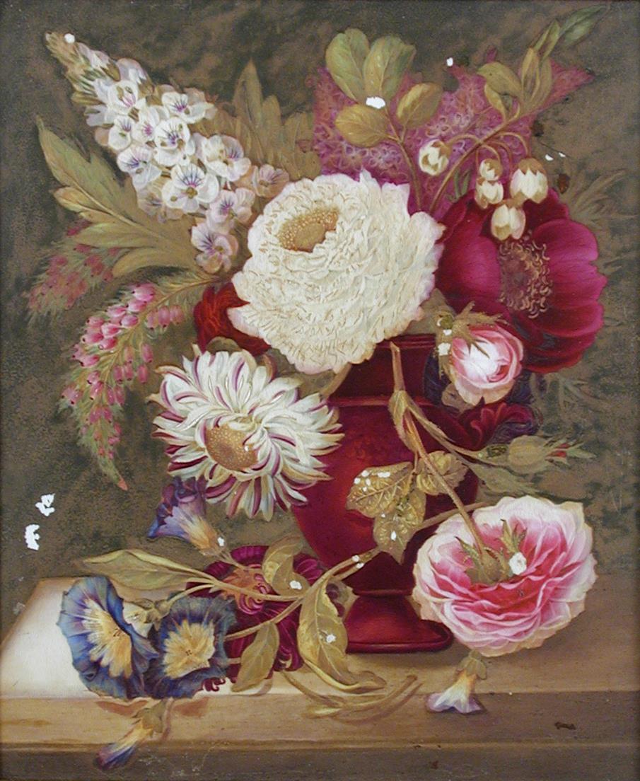 A mid Victorian panel painted with a red vase on a ledge containing morning glory, roses, delphinium - Image 2 of 2