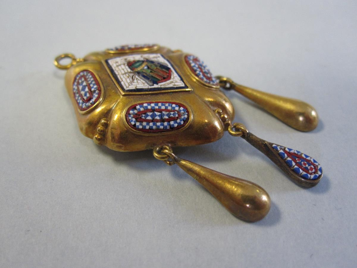 A mid 19th century Archeological revival micromosaic pendant, of diaper quatrefoil boss form with - Image 2 of 4