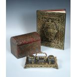 A 19th century boulle work desk set, comprising dome topped stationery box, desk stand and a blotter