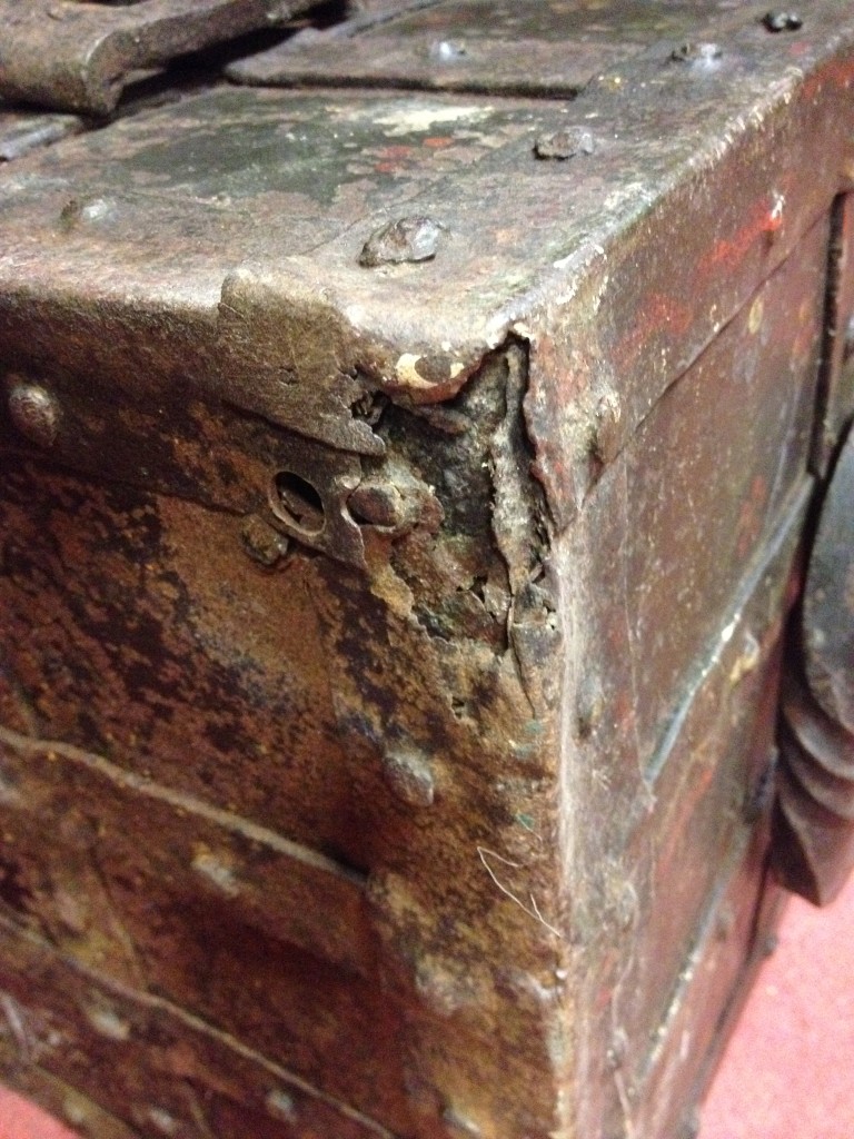 A 17th century Nuremburg iron bound 'Armada Chest', with traces of painted polychrome decoration - Image 7 of 8