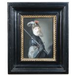 Manner of Bronzino  Portrait of a warrior in armour oil on ivory, in a black and gilt frame 15 x