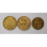 Two South African one Pond gold coins, 1894 &1898, and a George III half sovereign, 1820 (