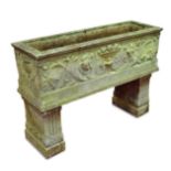 A weathered Haddon Stone trough on two plinths, moulded neo classical designs 78 x 118 x 38cm (30