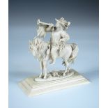 A late 19th century Dieppe carved ivory of a cavalier mounted on horseback, modelled blowing a horn,