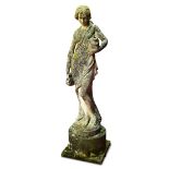 A weathered composite stone classical figure, on a plinth stand 155cm (60in) Good levels of