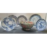 A pair of Chinese 'clobbered' blue and white plates, three others and a bowl, 25.5cm diameter. (6)