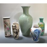 Five various Chinese vases, the tallest crackled celadon 40cm high