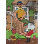 Frank Allen - Busy Gardeners, 1975, acrylic on board, signed lower right, 45 x 31 cm. Provenance: