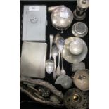 A silver cigarette box, a small capston inkwell, various teaspoons and other small silver items
