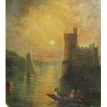 Late 19th/early 20th Century, Castle by moonlight with boats on the river, signed with initials 'FL'