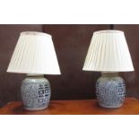 A pair of blue and white ginger vase lamps and a single lampshade (3)