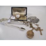 A 925 silver nurses belt buckle, a yellow metal locket, a watch and small silver items