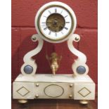 An alabaster mantle clock with swinging cherub pendulum