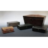 A mid twentieth century silver cigarette box, a sarcophagus tea caddy, and various dress studs (5)