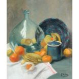 Genevieve Vallier (French, 20th Century) Still life of oranges, bananas and a large glass jar signed