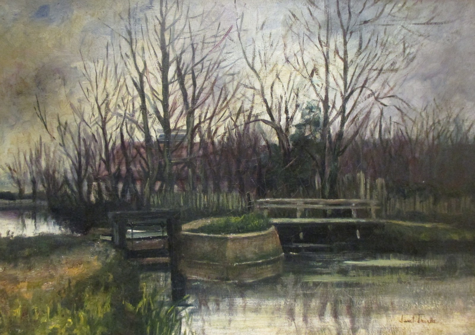 Janet Thirtle, Landscape with pond, oil on canvas, signed, c.40 x 55cm