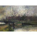 Janet Thirtle, Landscape with pond, oil on canvas, signed, c.40 x 55cm