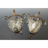 A pair of gilt brass and lustre wall lights, 22cm high each