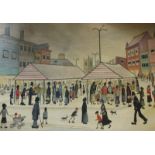 Manner of L S Lowry (British, 20th Century) - Northern market town - oil on board, 44 x 64cm