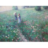 Latten? (Modern British School), Girls in a summer meadow, oil on canvas, signed indistinctly