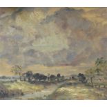 M Watkins - River Landscape with Storm Clouds, oil on board, signed lower left "W Watkins", 29.5 x