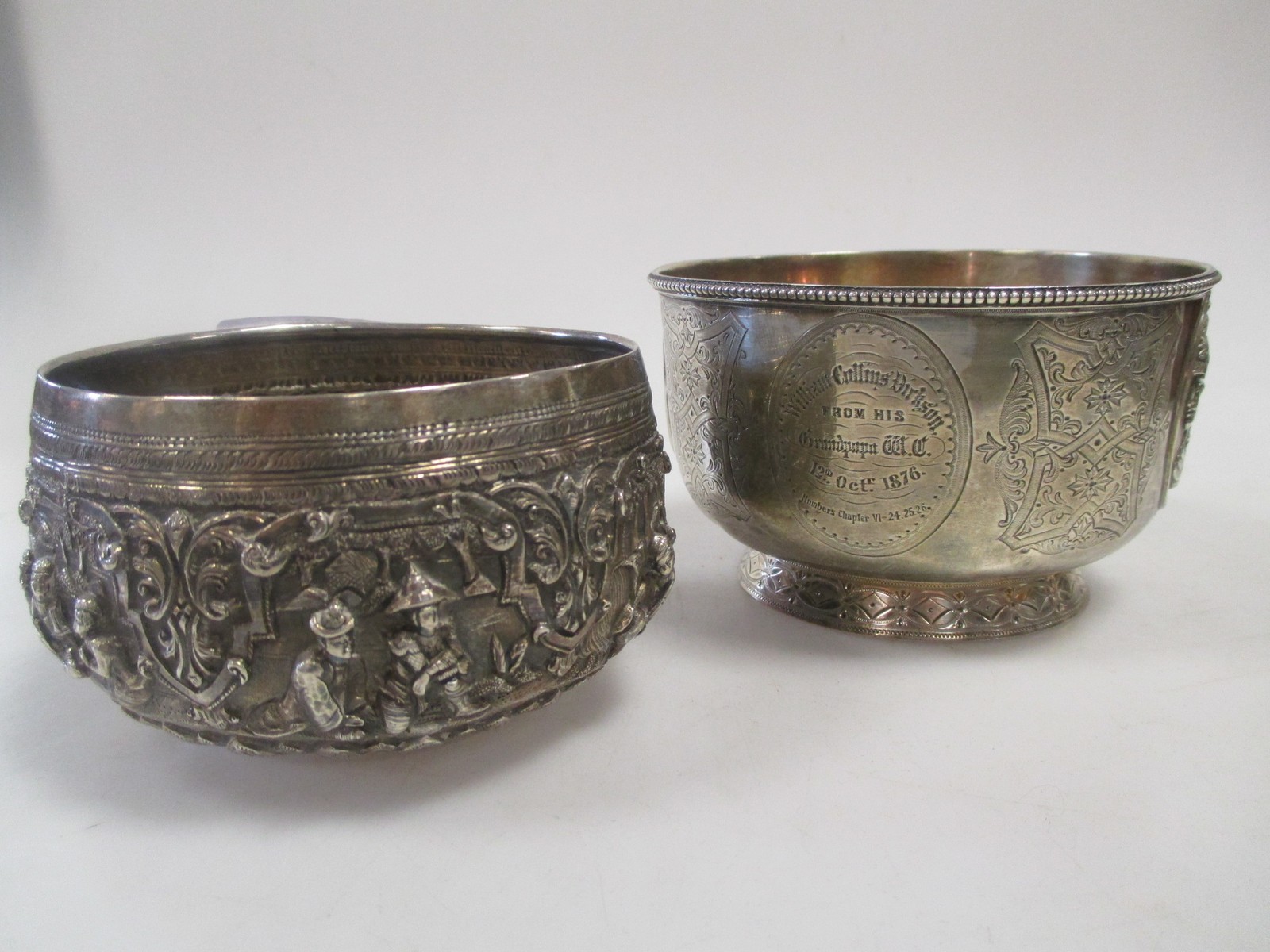 A Victorian silver porringer/sugar bowl and an Indian silver bowl
